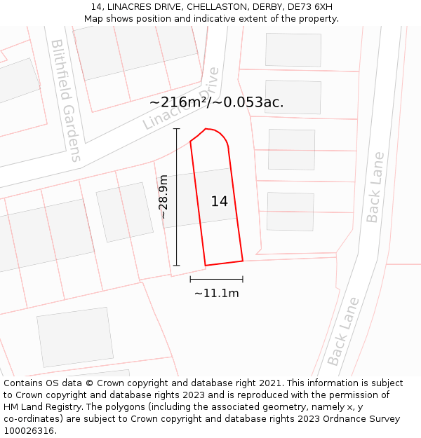 14, LINACRES DRIVE, CHELLASTON, DERBY, DE73 6XH: Plot and title map