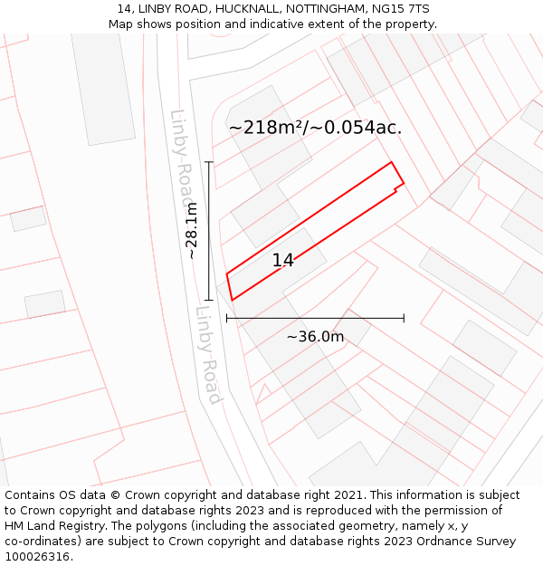 14, LINBY ROAD, HUCKNALL, NOTTINGHAM, NG15 7TS: Plot and title map