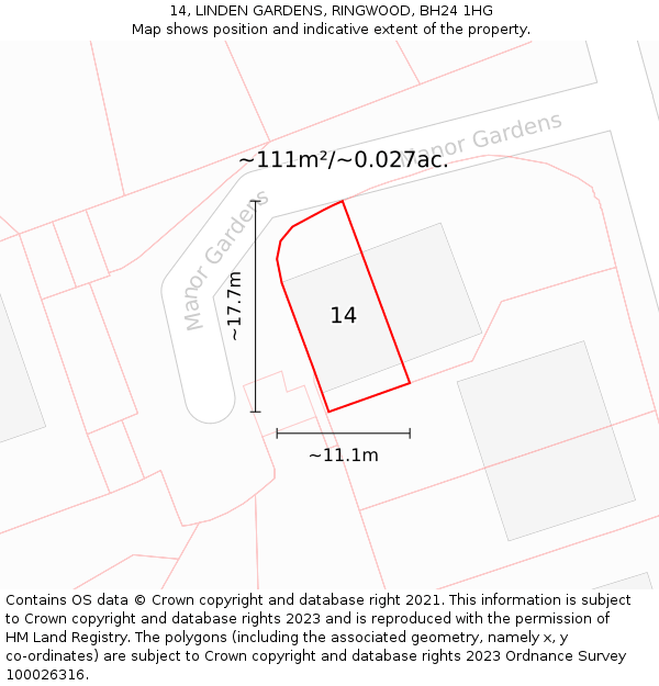 14, LINDEN GARDENS, RINGWOOD, BH24 1HG: Plot and title map