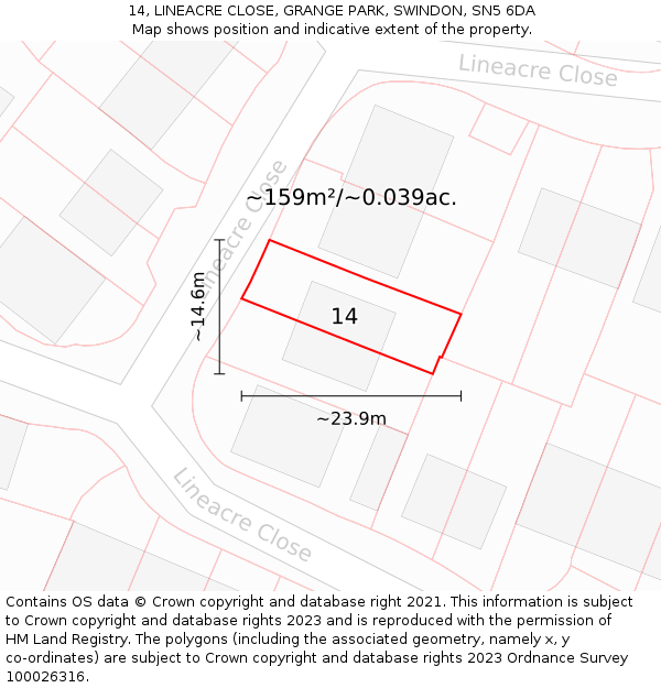 14, LINEACRE CLOSE, GRANGE PARK, SWINDON, SN5 6DA: Plot and title map