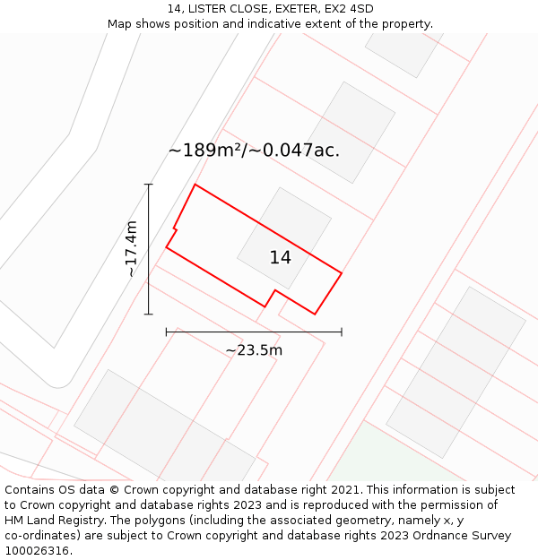 14, LISTER CLOSE, EXETER, EX2 4SD: Plot and title map