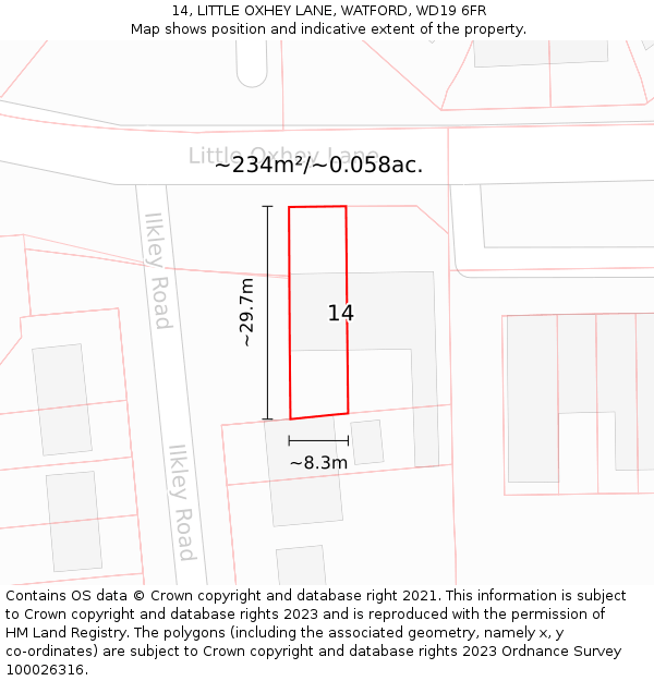 14, LITTLE OXHEY LANE, WATFORD, WD19 6FR: Plot and title map