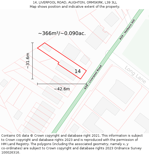 14, LIVERPOOL ROAD, AUGHTON, ORMSKIRK, L39 3LL: Plot and title map