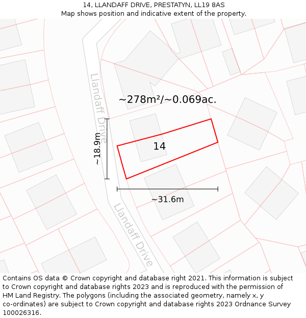 14, LLANDAFF DRIVE, PRESTATYN, LL19 8AS: Plot and title map