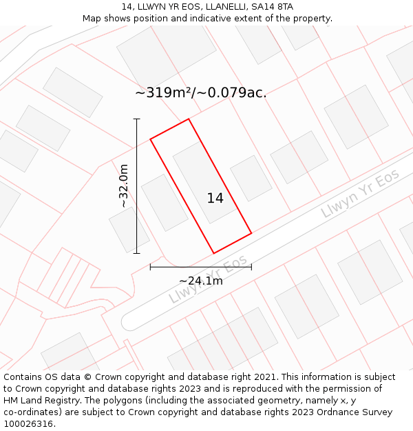 14, LLWYN YR EOS, LLANELLI, SA14 8TA: Plot and title map