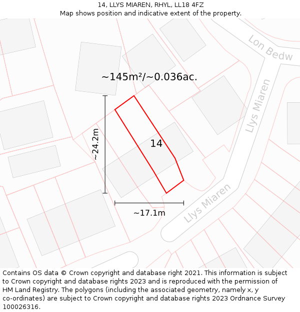 14, LLYS MIAREN, RHYL, LL18 4FZ: Plot and title map