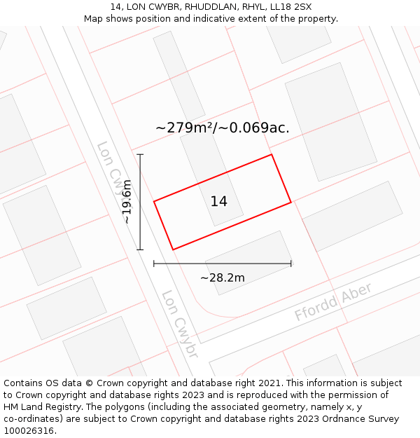 14, LON CWYBR, RHUDDLAN, RHYL, LL18 2SX: Plot and title map