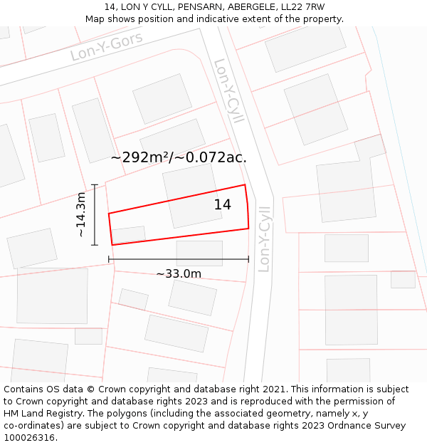 14, LON Y CYLL, PENSARN, ABERGELE, LL22 7RW: Plot and title map