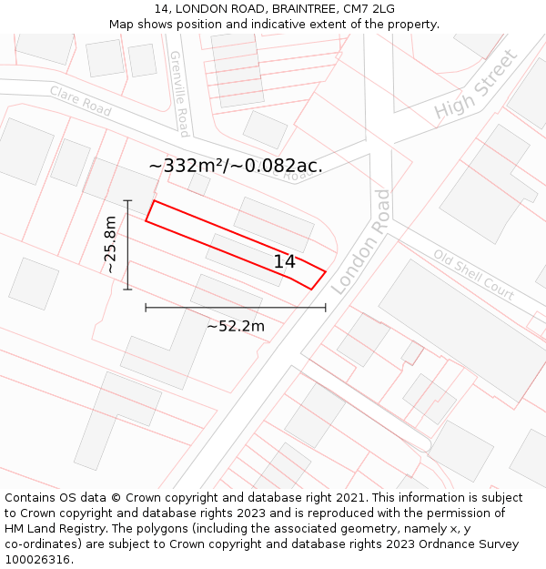 14, LONDON ROAD, BRAINTREE, CM7 2LG: Plot and title map