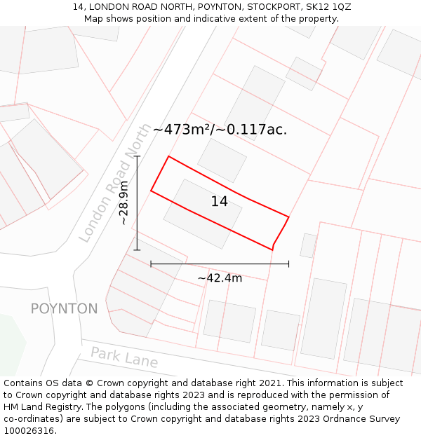 14, LONDON ROAD NORTH, POYNTON, STOCKPORT, SK12 1QZ: Plot and title map