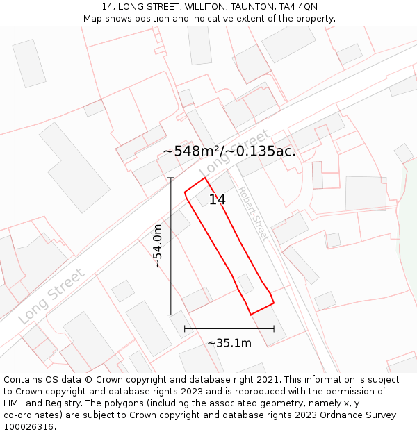 14, LONG STREET, WILLITON, TAUNTON, TA4 4QN: Plot and title map