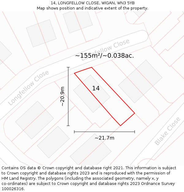 14, LONGFELLOW CLOSE, WIGAN, WN3 5YB: Plot and title map