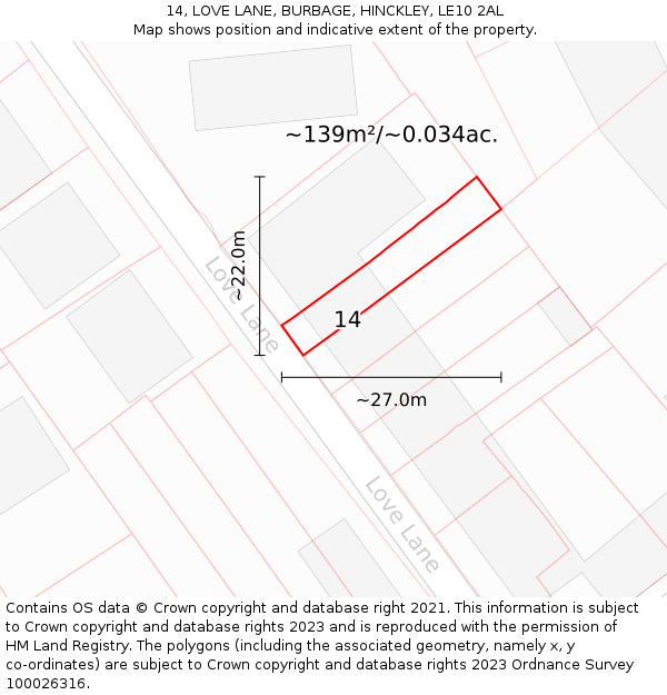 14, LOVE LANE, BURBAGE, HINCKLEY, LE10 2AL: Plot and title map