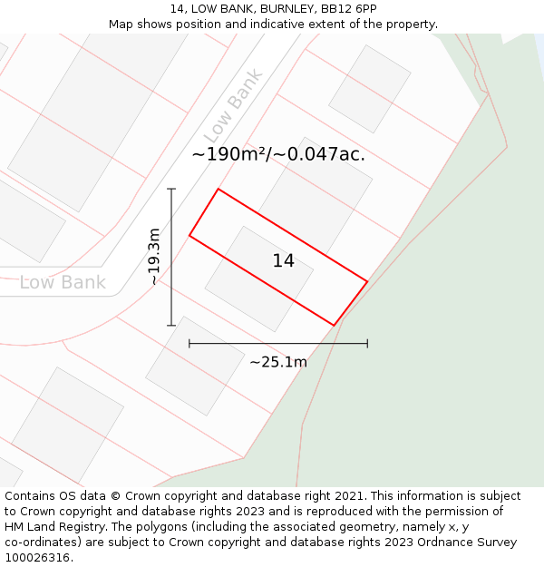 14, LOW BANK, BURNLEY, BB12 6PP: Plot and title map