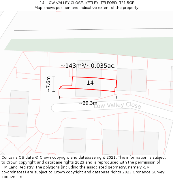 14, LOW VALLEY CLOSE, KETLEY, TELFORD, TF1 5GE: Plot and title map