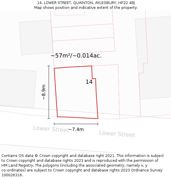 14, LOWER STREET, QUAINTON, AYLESBURY, HP22 4BJ: Plot and title map