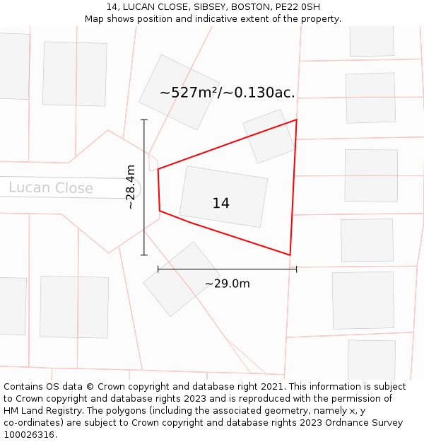 14, LUCAN CLOSE, SIBSEY, BOSTON, PE22 0SH: Plot and title map