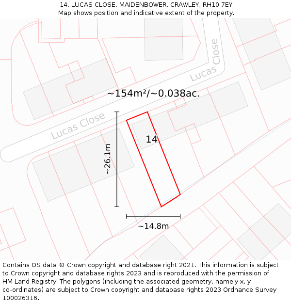 14, LUCAS CLOSE, MAIDENBOWER, CRAWLEY, RH10 7EY: Plot and title map