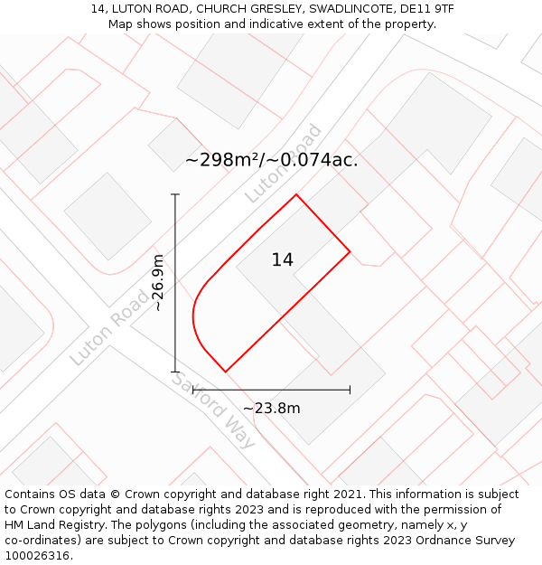 14, LUTON ROAD, CHURCH GRESLEY, SWADLINCOTE, DE11 9TF: Plot and title map