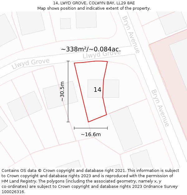 14, LWYD GROVE, COLWYN BAY, LL29 8AE: Plot and title map