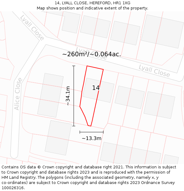 14, LYALL CLOSE, HEREFORD, HR1 1XG: Plot and title map