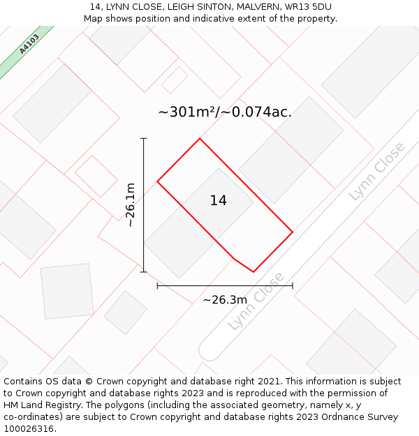 14, LYNN CLOSE, LEIGH SINTON, MALVERN, WR13 5DU: Plot and title map