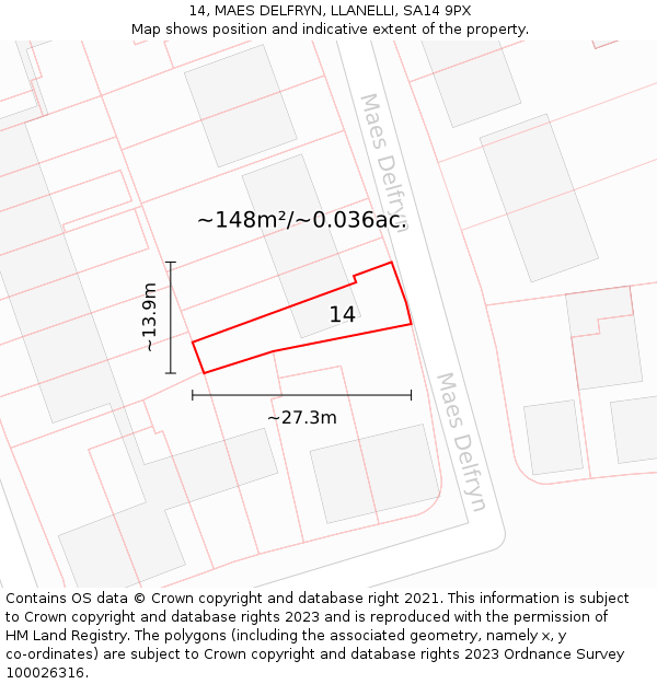 14, MAES DELFRYN, LLANELLI, SA14 9PX: Plot and title map