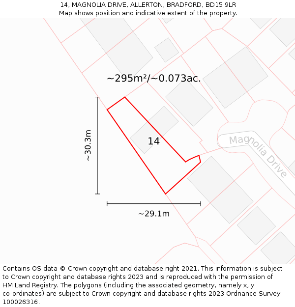 14, MAGNOLIA DRIVE, ALLERTON, BRADFORD, BD15 9LR: Plot and title map