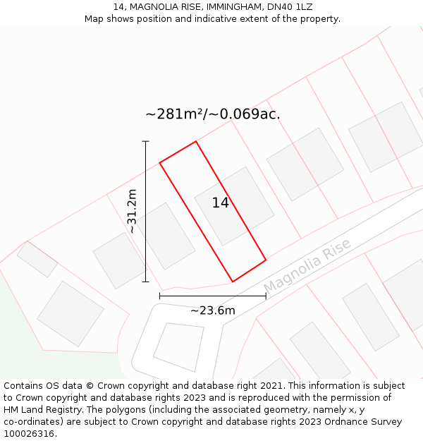 14, MAGNOLIA RISE, IMMINGHAM, DN40 1LZ: Plot and title map