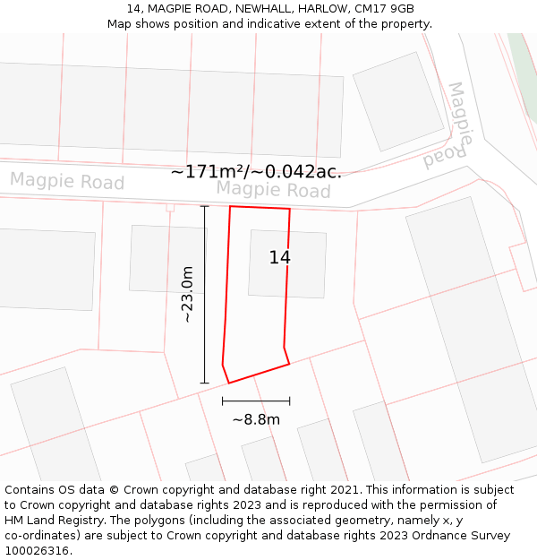 14, MAGPIE ROAD, NEWHALL, HARLOW, CM17 9GB: Plot and title map