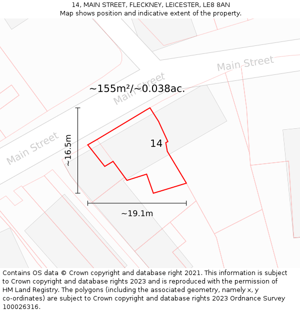 14, MAIN STREET, FLECKNEY, LEICESTER, LE8 8AN: Plot and title map