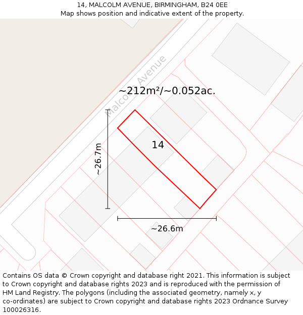 14, MALCOLM AVENUE, BIRMINGHAM, B24 0EE: Plot and title map