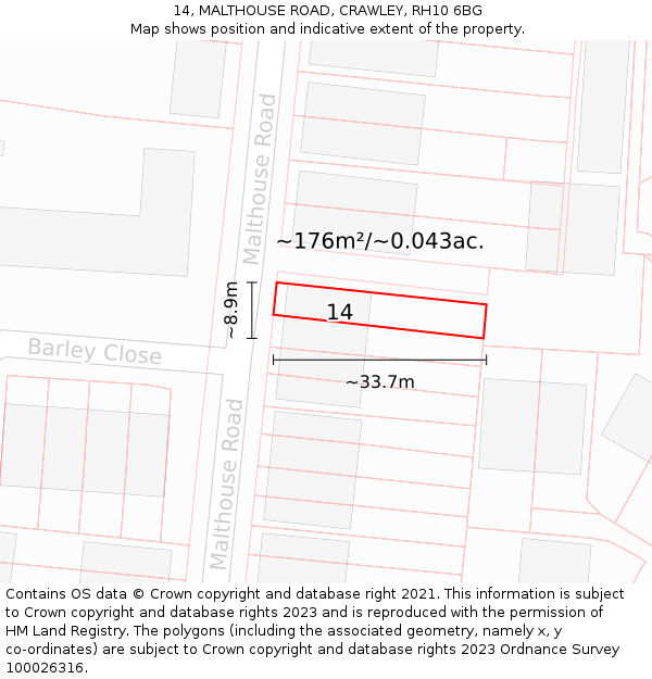 14, MALTHOUSE ROAD, CRAWLEY, RH10 6BG: Plot and title map