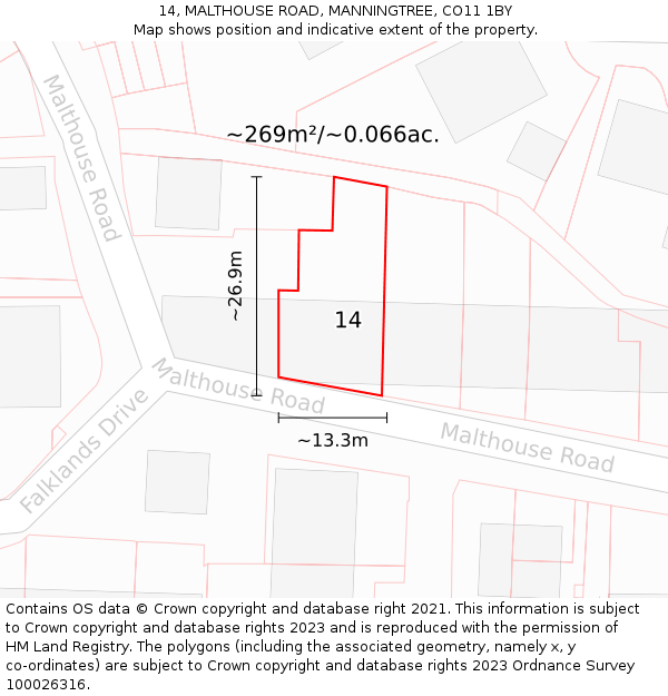 14, MALTHOUSE ROAD, MANNINGTREE, CO11 1BY: Plot and title map