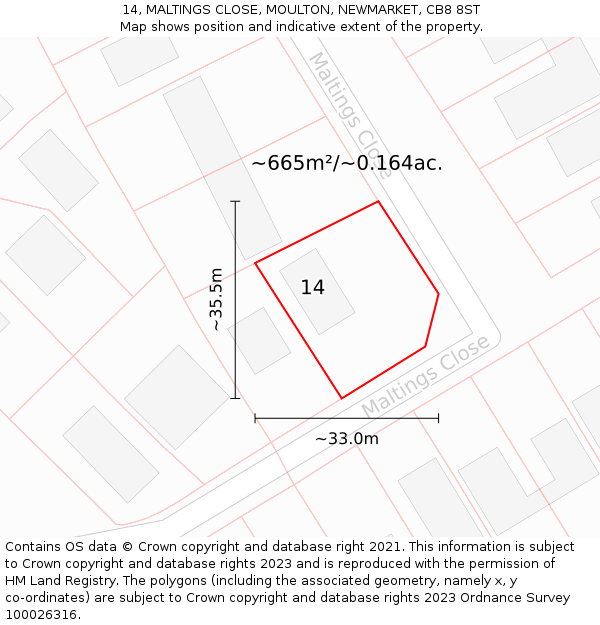 14, MALTINGS CLOSE, MOULTON, NEWMARKET, CB8 8ST: Plot and title map