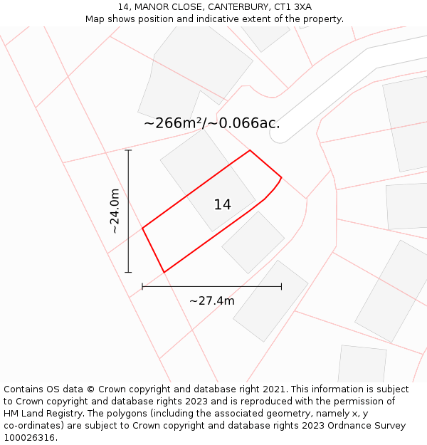 14, MANOR CLOSE, CANTERBURY, CT1 3XA: Plot and title map