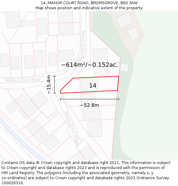 14, MANOR COURT ROAD, BROMSGROVE, B60 3NW: Plot and title map