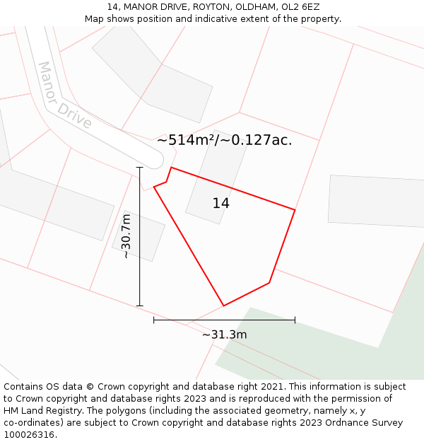 14, MANOR DRIVE, ROYTON, OLDHAM, OL2 6EZ: Plot and title map