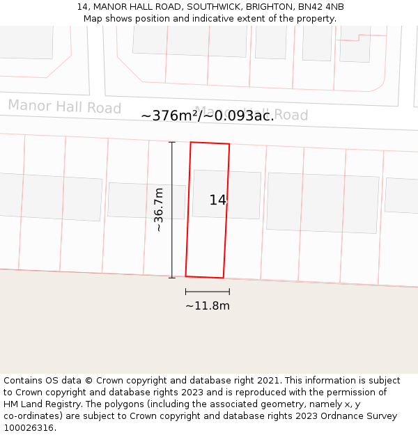 14, MANOR HALL ROAD, SOUTHWICK, BRIGHTON, BN42 4NB: Plot and title map