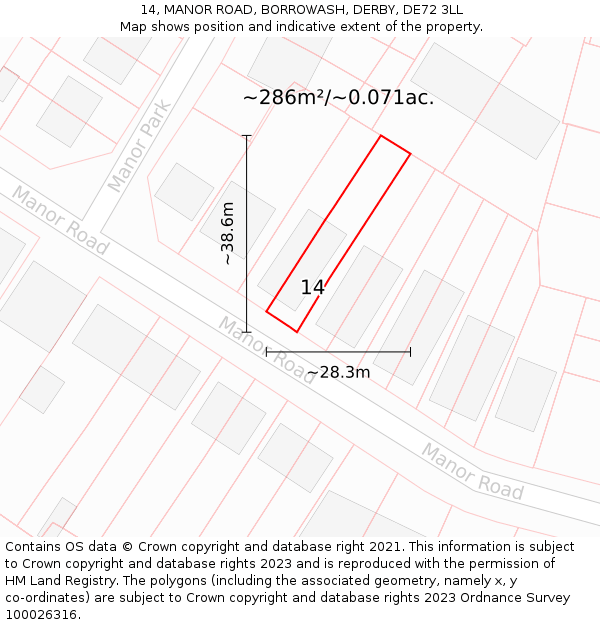 14, MANOR ROAD, BORROWASH, DERBY, DE72 3LL: Plot and title map