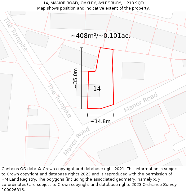 14, MANOR ROAD, OAKLEY, AYLESBURY, HP18 9QD: Plot and title map