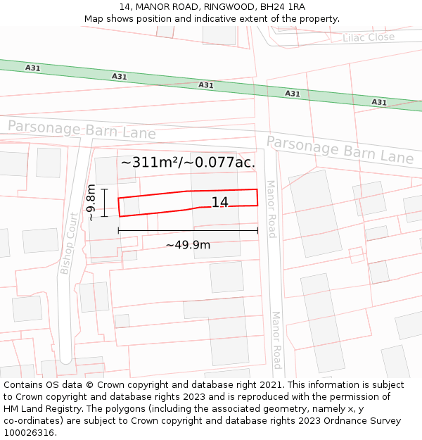 14, MANOR ROAD, RINGWOOD, BH24 1RA: Plot and title map