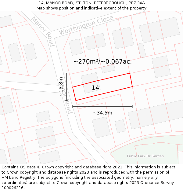 14, MANOR ROAD, STILTON, PETERBOROUGH, PE7 3XA: Plot and title map