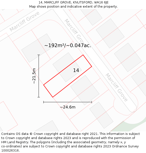 14, MARCLIFF GROVE, KNUTSFORD, WA16 6JE: Plot and title map
