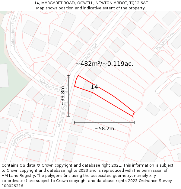 14, MARGARET ROAD, OGWELL, NEWTON ABBOT, TQ12 6AE: Plot and title map