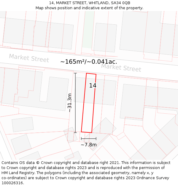 14, MARKET STREET, WHITLAND, SA34 0QB: Plot and title map