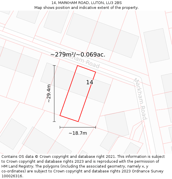 14, MARKHAM ROAD, LUTON, LU3 2BS: Plot and title map