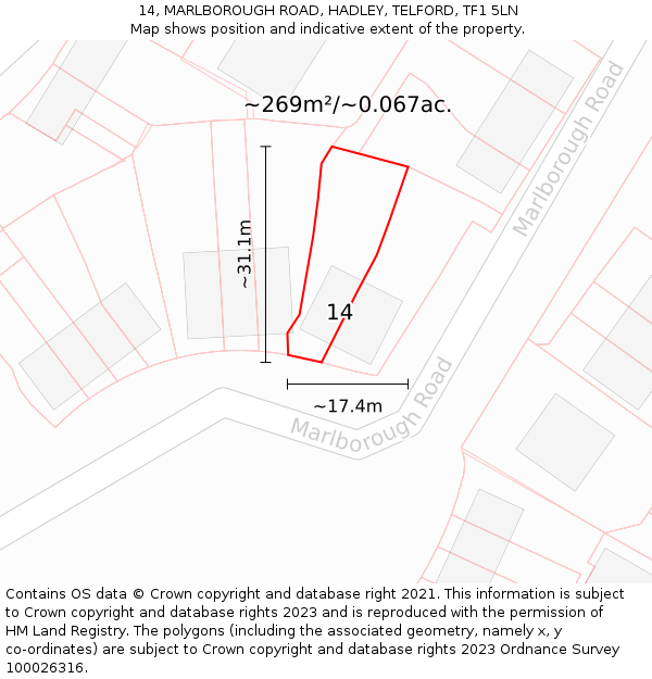 14, MARLBOROUGH ROAD, HADLEY, TELFORD, TF1 5LN: Plot and title map