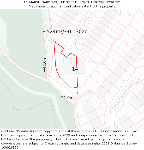 14, MARSH GARDENS, HEDGE END, SOUTHAMPTON, SO30 2XN: Plot and title map