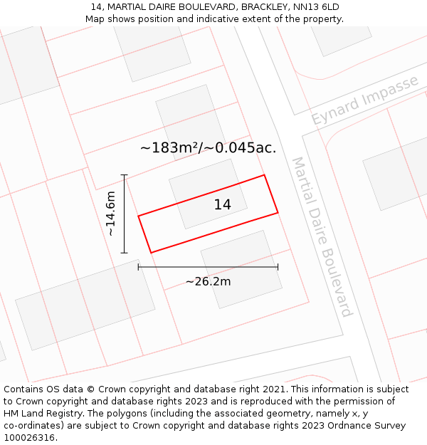 14, MARTIAL DAIRE BOULEVARD, BRACKLEY, NN13 6LD: Plot and title map